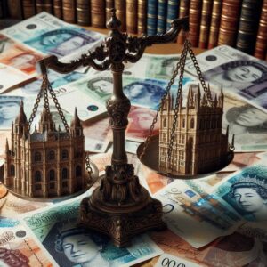 Scales of Justice with Towers & Money